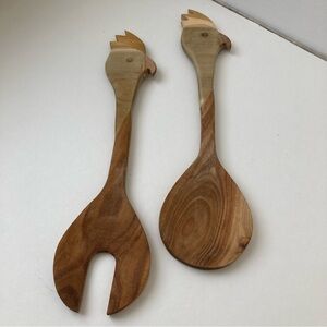 Wood Bird Design Salad Servers Rooster Hen Ustensils Country Farm Decor Kitchen